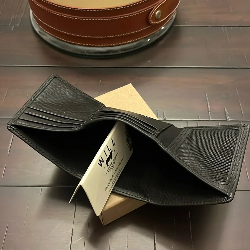 Will Leather Goods Trifold Black Leather Wallet ID Card Bill Slots